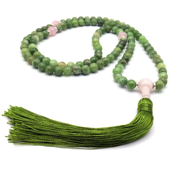 Mala 108 grani Giada e Quarzo rosa con nappa