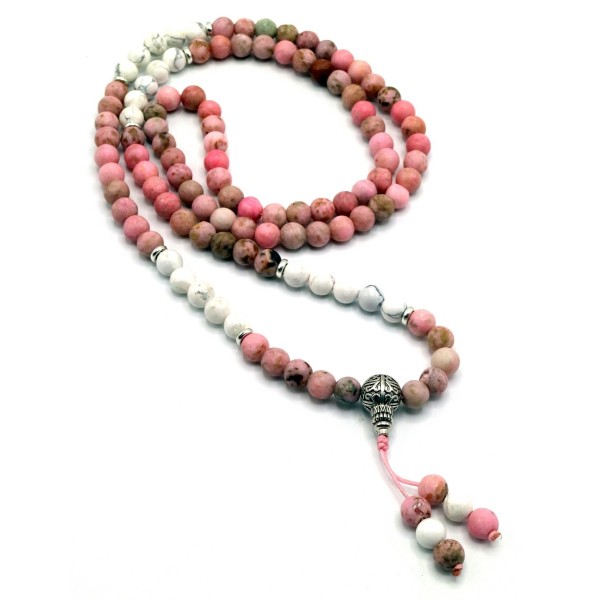 Mala 108 grani Rodonite e Howlite con Guru in metallo