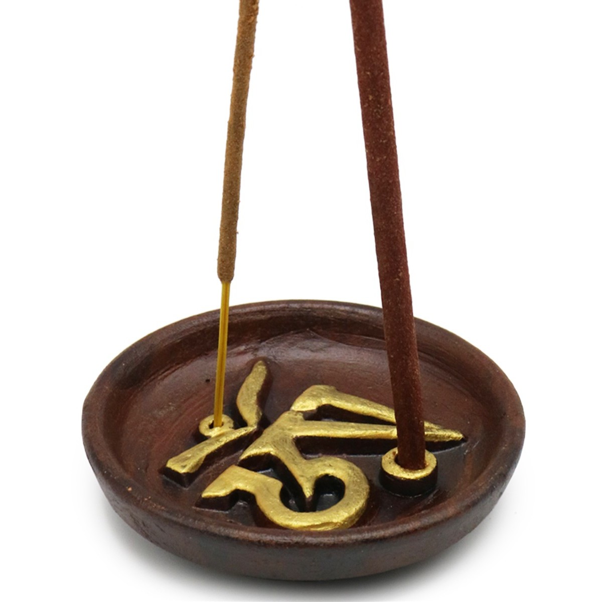 Bruciaincenso in terracotta rotondo con Ohm oro