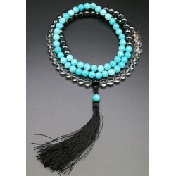 Mala 108 grani Cristallo, Acqua Marina e Ematite con nappa Mala 108 grani Cristallo, Acqua Marina e Ematite con nappa
