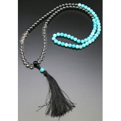 Mala 108 grani Cristallo, Acqua Marina e Ematite con nappa Mala 108 grani Cristallo, Acqua Marina e Ematite con nappa