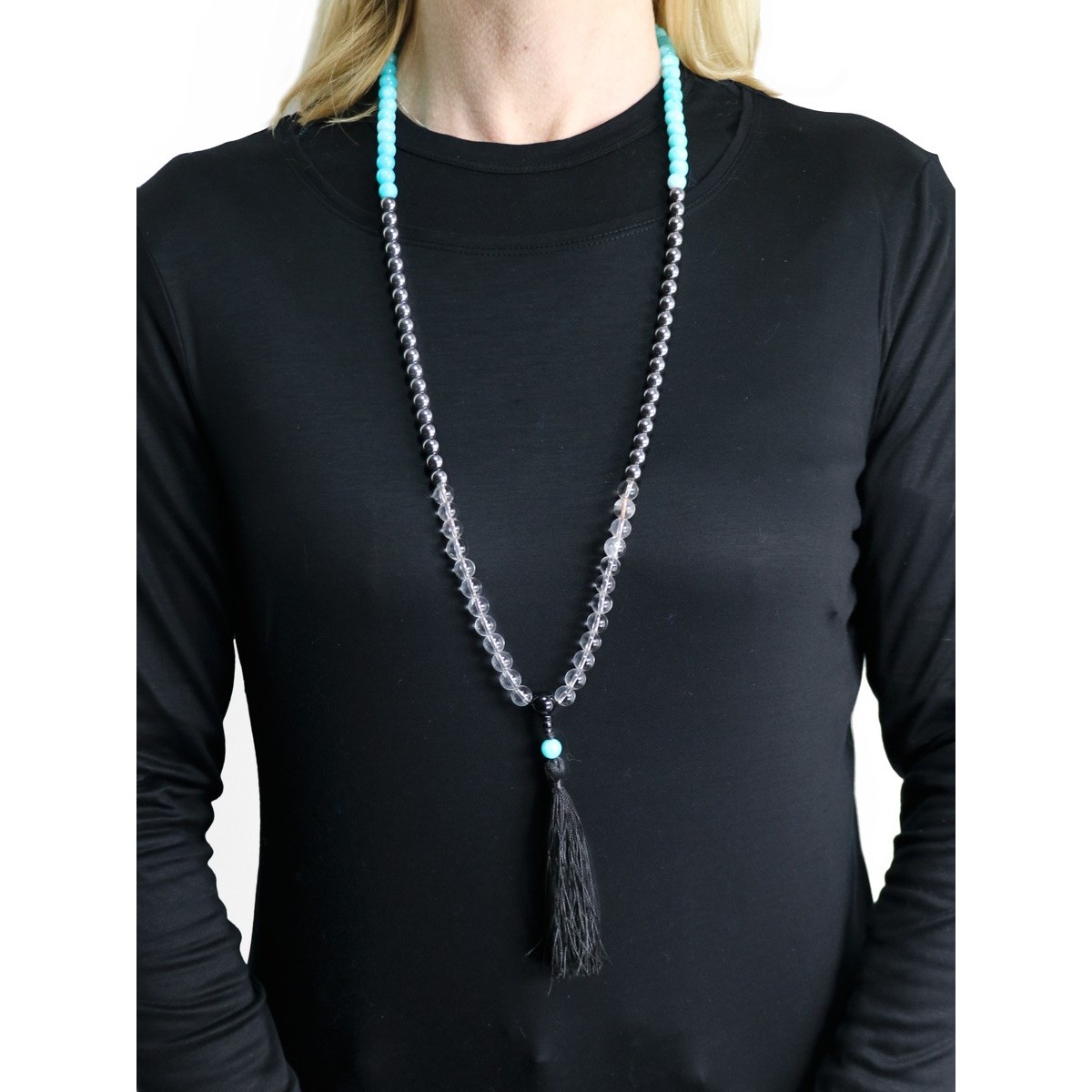 Mala 108 grani Cristallo, Acqua Marina e Ematite con nappa Mala 108 grani Cristallo, Acqua Marina e Ematite con nappa