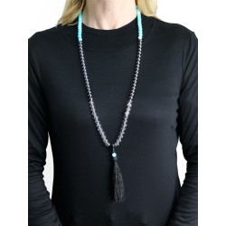Mala 108 grani Cristallo, Acqua Marina e Ematite con nappa Mala 108 grani Cristallo, Acqua Marina e Ematite con nappa