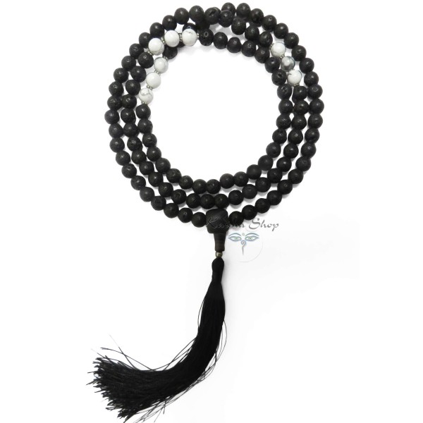 Mala 108 grani Pietra lavica e Howlite con Guru in Agata nera