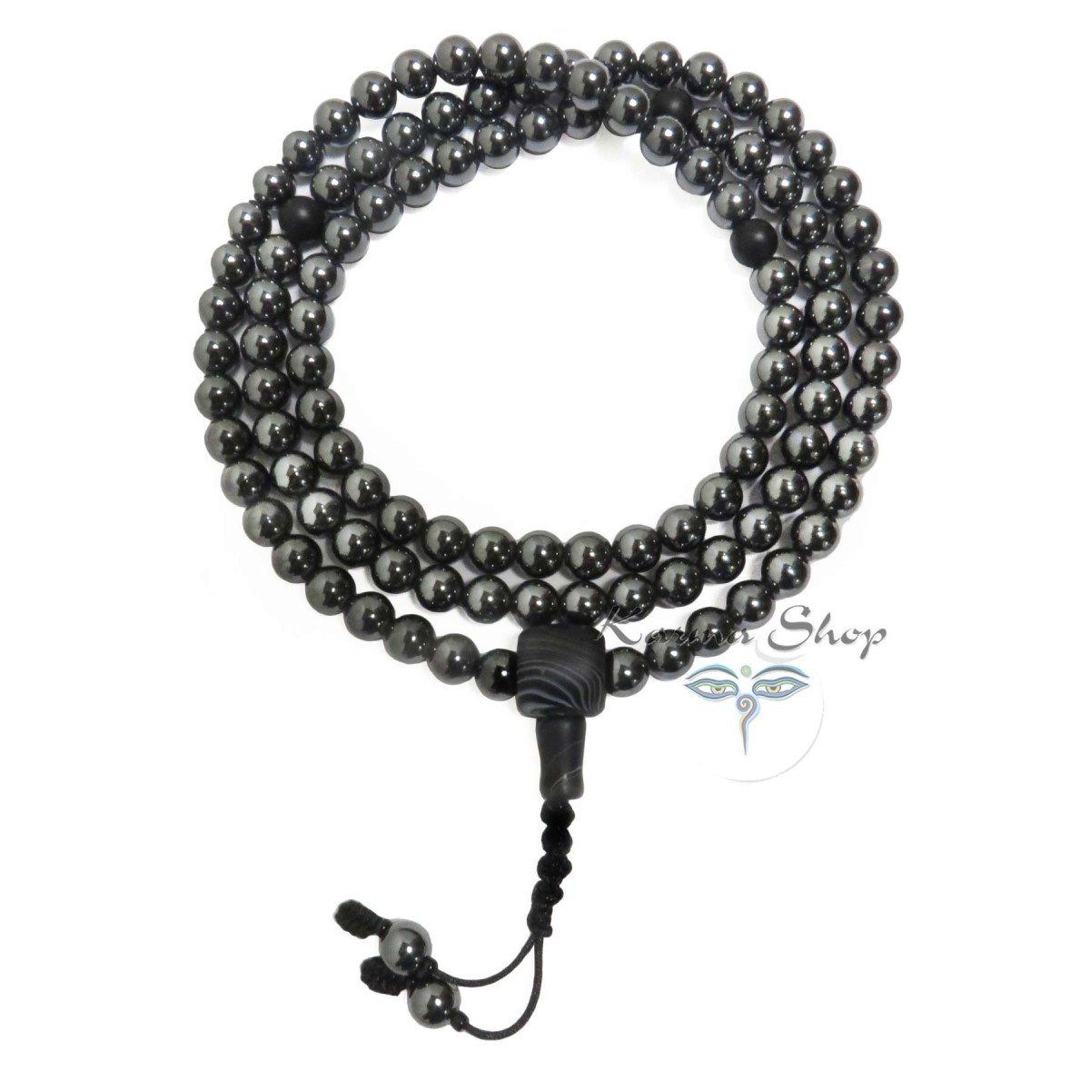 Mala 108 Grani in Ematite con Guru di Agata nera Mala 108 Grani in Ematite con Guru di Agata nera