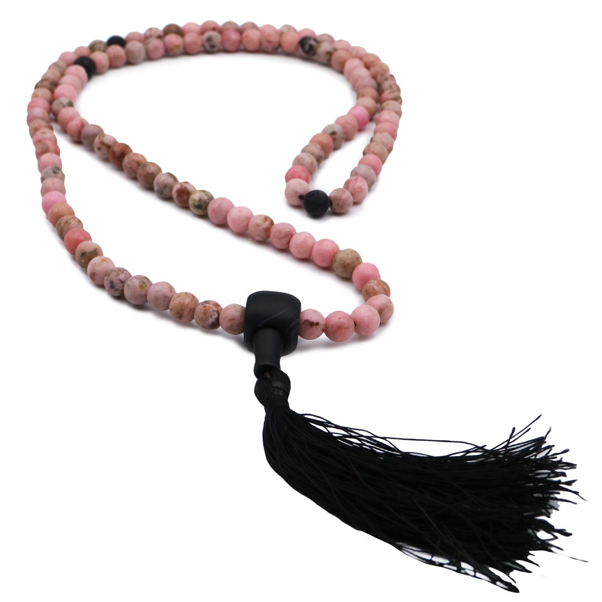 Mala 108 grani in Rodonite e guru in agata nera Mala 108 grani in Rodonite e guru in agata nera