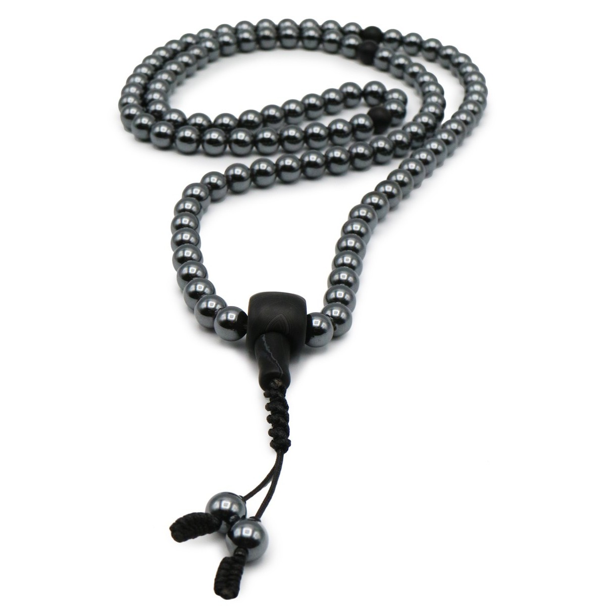 Mala 108 Grani in Ematite con Guru di Agata nera Mala 108 Grani in Ematite con Guru di Agata nera