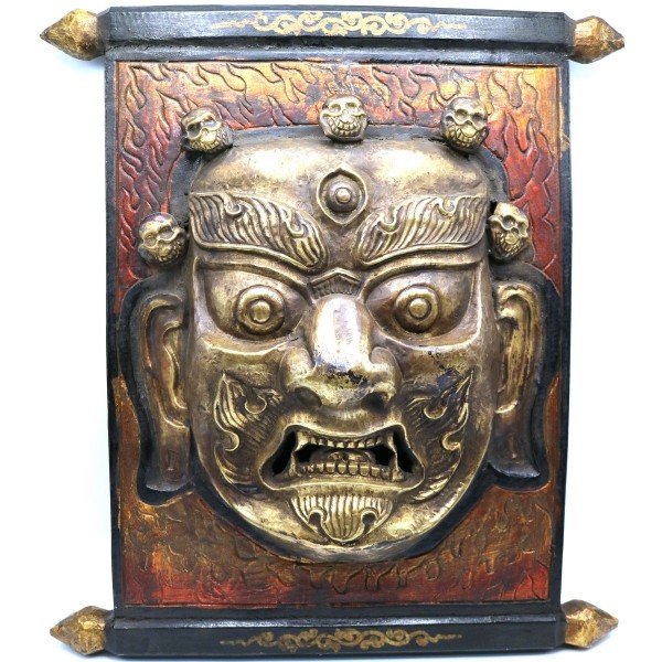 Pannello in legno con raffigurazione di Mahakala in btonzo